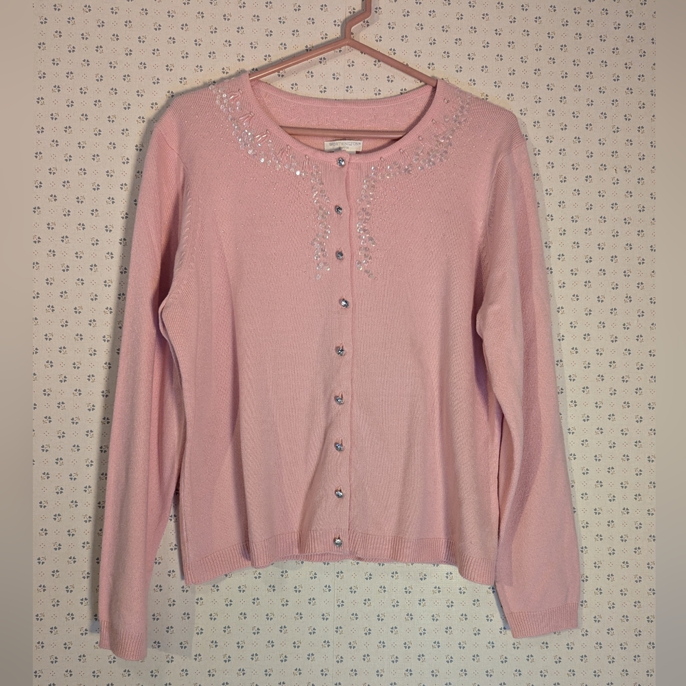 🩷 Worthington XLP Sequin Faux Diamond Buttons Cardigan Y2K Feminine